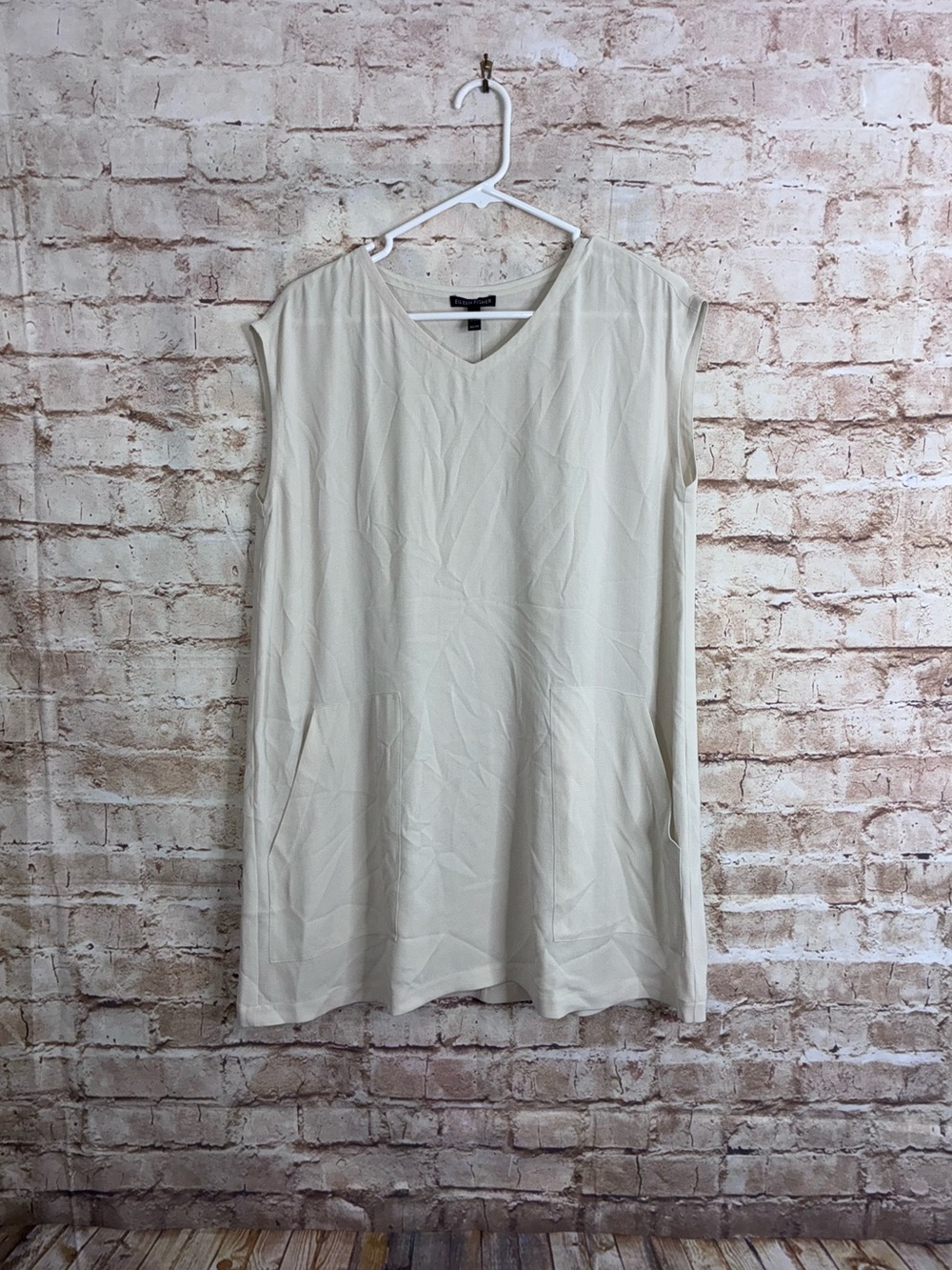Eileen Fisher Georgette Silk Crepe V-Neck Tunic Top in Bone Ivory Size XS
